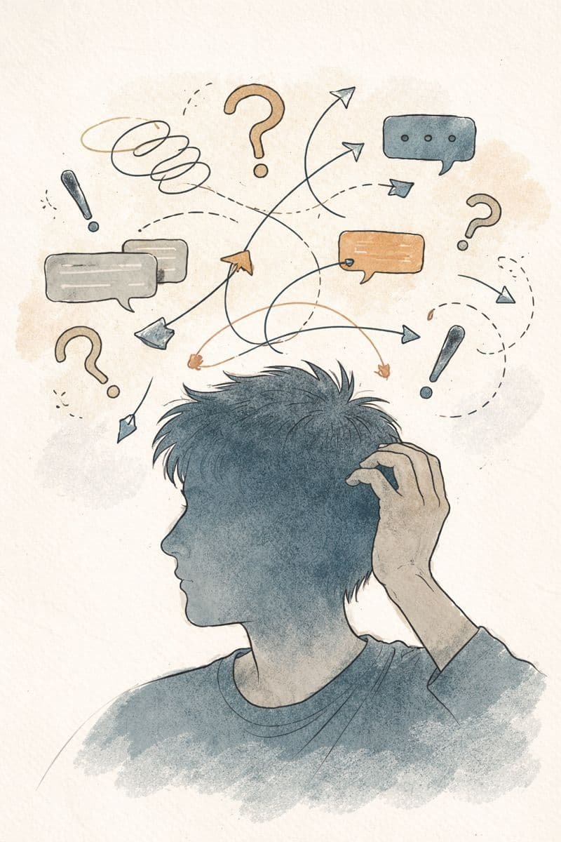 Person deep in thought, surrounded by question marks, speech bubbles, and scattered arrows — symbolizing confusion and unclear tasks